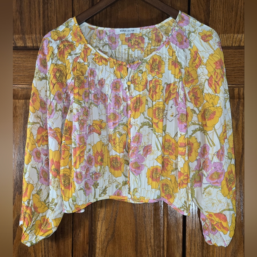 Rose & Olive White Floral Pleated Blouse with Yellow & Pink Flowers